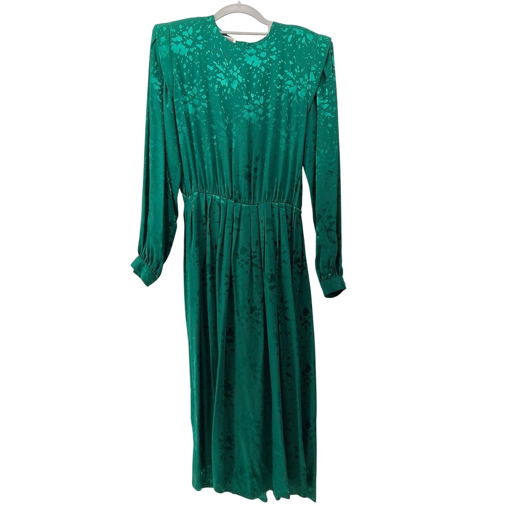 Maggy London Dress Women 6 Green 100% Silk Floral Jacquard VTG 80s Quiet Luxury‎